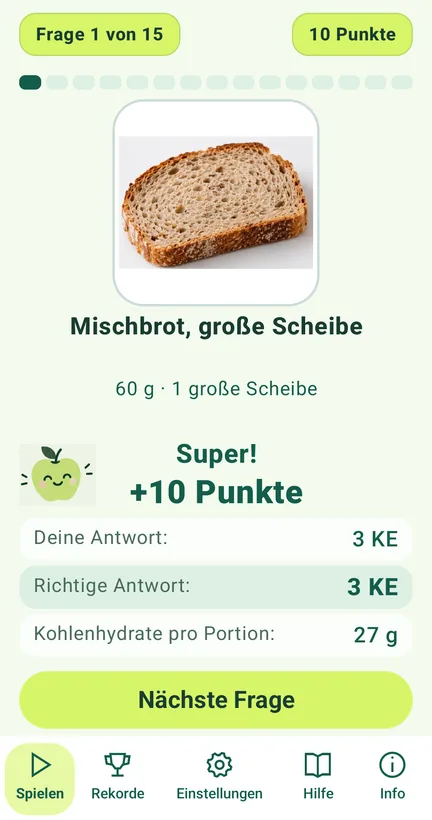 Auswertung einer Antwort: „Super! +10 Punkte“, deine Antwort 3 KE, richtige Antwort 3 KE, 27 g Kohlenhydrate pro Portion