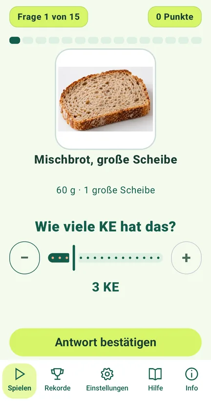 Quizfrage 1 von 15: Bild einer großen Scheibe Mischbrot, 60 g, mit KE-Regler und eingestellter Antwort 3 KE