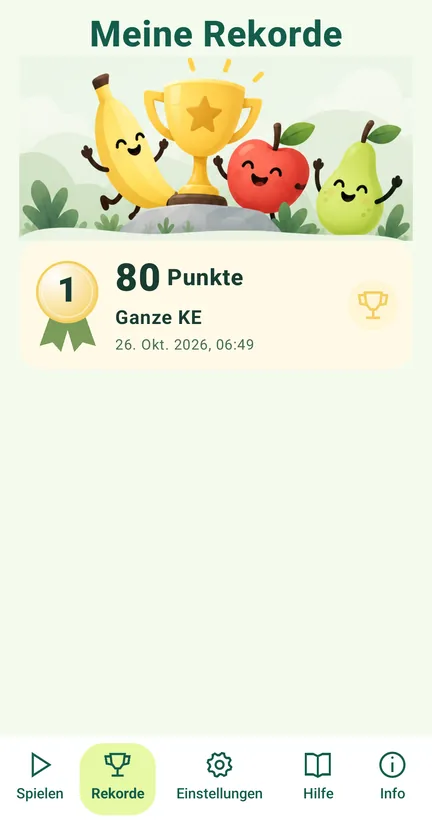 Meine Rekorde: Platz 1 mit 80 Punkten, ganze KE, mit Datum und Uhrzeit