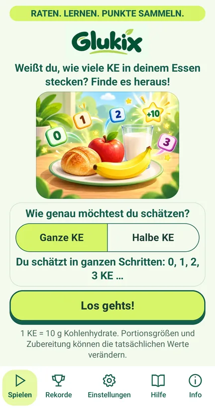 Startbildschirm von Glukix mit Logo, Auswahl zwischen ganzen und halben KE und der Schaltfläche „Los gehts!“